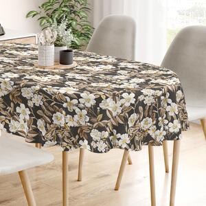 Goldea față de masă decorativă loneta - flori pe negru - ovală 80 x 140 cm