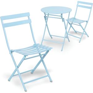 Set mobilier gradina, Quasar & Co.®, pentru balcon, terasa, bistro, format din masa si 2 scaune, pliabil, metal, albastru deschis