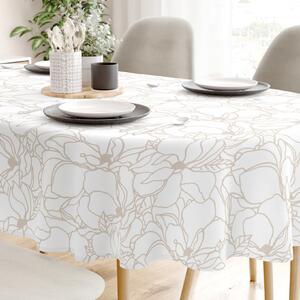 Goldea față de masă 100% bumbac - flori bej deschis pe alb - ovală 140 x 180 cm