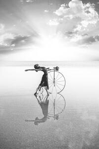 Fotografie de artă Ballerina dancing with old bicycle on the lake, 101cats, (26.7 x 40 cm)