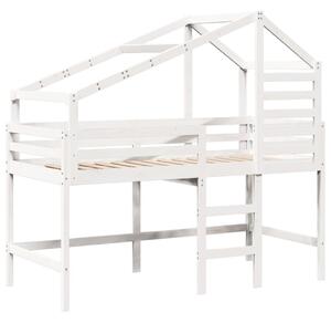Pat etajat cu scară și acoperiș, alb, 90x190 cm, lemn masiv pin