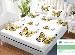Husa de pat, finet, 160x200cm, 2 persoane, set 3 piese, cu elastic, alb , cu fluturi galbeni, HPF16059