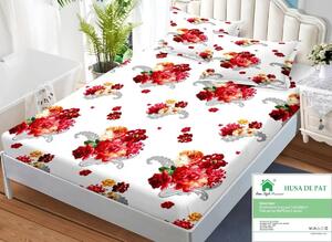 Husa de pat, finet, 160x200cm, 2 persoane, set 3 piese, cu elastic, alb , cu flori rosii, HPF16055