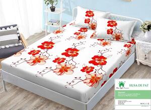 Husa de pat, finet, 160x200cm, 2 persoane, set 3 piese, cu elastic, alb , cu flori rosii, HPF16060