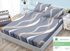 Husa de pat, finet, 140x200cm, 2 persoane, set 3 piese, cu elastic, gri , cu linii ondulate, HPF14052