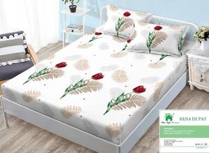 Husa de pat, finet, 160x200cm, 2 persoane, set 3 piese, cu elastic, crem deschis, cu flori rosii, HPF16065