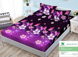 Husa de pat, finet, 140x200cm, 2 persoane, set 3 piese, cu elastic, mov si negru, cu flori si fluturi, HPF14053