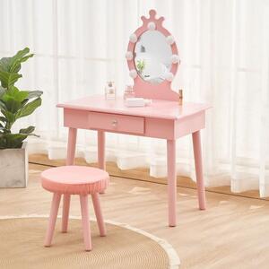 Set Alice, Masa de toaleta pentru copii, cu oglinda iluminata 7 becuri LED, 1 sertar, scaun, Roz