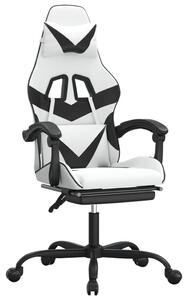 Scaun de gaming cu suport picioare, alb/negru, piele ecologică