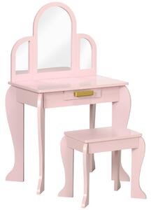 HOMCOM Masa cu oglinda si taburet, set de vanitate pentru copii, birou de machiaj pentru fete cu sertar pentru copii de 3-6 ani, roz | AOSOM RO