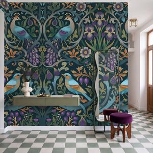 Fototapet Model floral colorat, cu păsări și flori, Fototapet păsări, Fototapet populare - Tapeko.ro