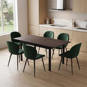 Set Masă Extensibilă Mara Wenge 130–170 × 75 cm cu 6 Scaune Opal Verde, Material Textil Catifelat, Picioare Metalice Negre