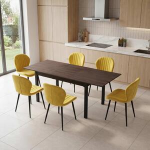 Set Masă Extensibilă Mara Wenge 130–170 × 75 cm cu 6 Scaune Opal Galben, Material Textil Catifelat, Picioare Metalice Negre
