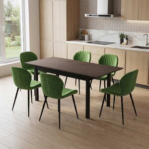 Set Masă Extensibilă Mara Wenge 130–170 × 75 cm cu 6 Scaune Opal Olive, Material Textil Catifelat, Picioare Metalice Negre