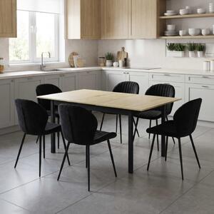 Set Masă Extensibilă Mara Stejar 130–170 × 75 cm cu 6 Scaune Opal Negru, Material Textil Catifelat, Picioare Metalice Negre