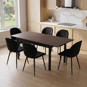 Set Masă Extensibilă Mara Wenge 130–170 × 75 cm cu 6 Scaune Opal Negru, Material Textil Catifelat, Picioare Metalice Negre