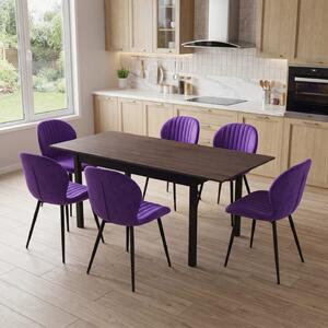 Set Masă Extensibilă Mara Wenge 130–170 × 75 cm cu 6 Scaune Opal Mov, Material Textil Catifelat, Picioare Metalice Negre