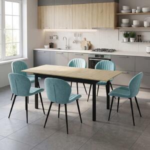 Set Masă Extensibilă Mara Stejar 130–170 × 75 cm cu 6 Scaune Opal Verde Fistic, Material Textil Catifelat, Picioare Metalice Negre