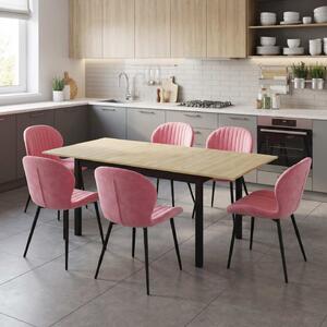 Set Masă Extensibilă Mara Stejar 130–170 × 75 cm cu 6 Scaune Opal Roz, Material Textil Catifelat, Picioare Metalice Negre