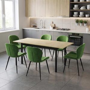 Set Masă Extensibilă Mara Stejar 130–170 × 75 cm cu 6 Scaune Opal Olive, Material Textil Catifelat, Picioare Metalice Negre