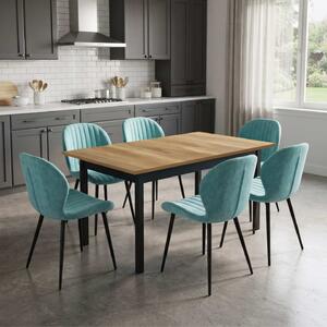 Set Masă Extensibilă Mara Nuc 130–170 × 75 cm cu 6 Scaune Opal Verde Fistic, Material Textil Catifelat, Picioare Metalice Negre