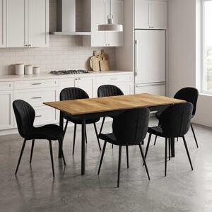 Set Masă Extensibilă Mara Nuc 130–170 × 75 cm cu 6 Scaune Opal Negru, Material Textil Catifelat, Picioare Metalice Negre