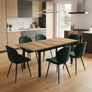 Set Masă Extensibilă Mara Nuc 130–170 × 75 cm cu 6 Scaune Opal Verde, Material Textil Catifelat, Picioare Metalice Negre