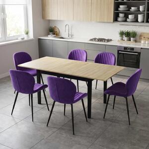 Set Masă Extensibilă Mara Stejar 130–170 × 75 cm cu 6 Scaune Opal Mov, Material Textil Catifelat, Picioare Metalice Negre