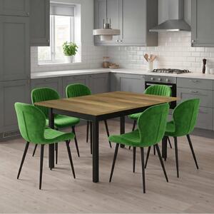 Set Masă Extensibilă Mara Nuc 130–170 × 75 cm cu 6 Scaune Opal Olive, Material Textil Catifelat, Picioare Metalice Negre