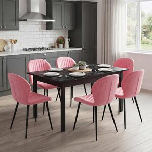 Set Masă Extensibilă Mara Negru Marmorat 130–170 × 75 cm cu 6 Scaune Opal Roz, Material Textil Catifelat, Picioare Metalice Negre