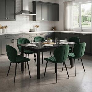 Set Masă Extensibilă Mara Negru Marmorat 130–170 × 75 cm cu 6 Scaune Opal Verde, Material Textil Catifelat, Picioare Metalice Negre