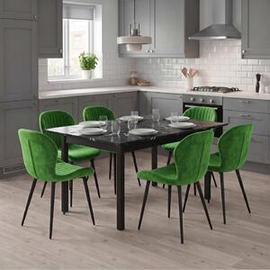 Set Masă Extensibilă Mara Negru Marmorat 130–170 × 75 cm cu 6 Scaune Opal Olive, Material Textil Catifelat, Picioare Metalice Negre