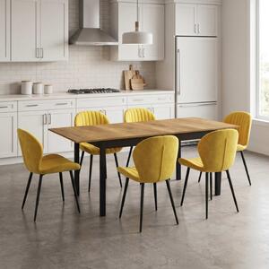Set Masă Extensibilă Mara Nuc 130–170 × 75 cm cu 6 Scaune Opal Galben, Material Textil Catifelat, Picioare Metalice Negre