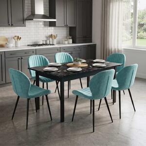 Set Masă Extensibilă Mara Negru Marmorat 130–170 × 75 cm cu 6 Scaune Opal Verde Fistic, Material Textil Catifelat, Picioare Metalice Negre