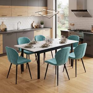 Set Masă Extensibilă Mara Albă 130–170 × 75 cm cu 6 Scaune Opal Verde Fistic, Material Textil Catifelat, Picioare Metalice Negre