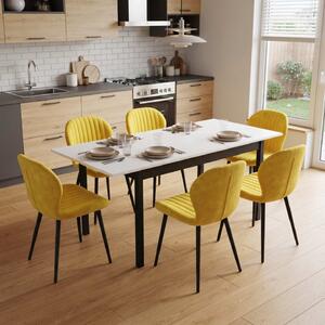 Set Masă Extensibilă Mara Albă 130–170 × 75 cm cu 6 Scaune Opal Galben, Material Textil Catifelat, Picioare Metalice Negre