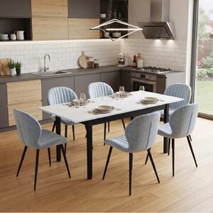 Set Masă Extensibilă Mara Albă 130–170 × 75 cm cu 6 Scaune Opal Gri Deschis, Material Textil Catifelat, Picioare Metalice Negre