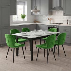 Set Masă Extensibilă Mara Albă 130–170 × 75 cm cu 6 Scaune Opal Olive, Material Textil Catifelat, Picioare Metalice Negre