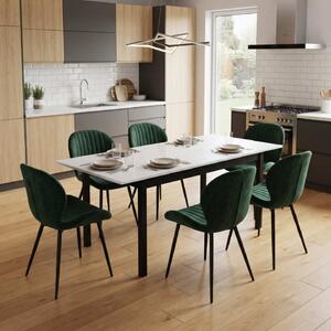 Set Masă Extensibilă Mara Albă 130–170 × 75 cm cu 6 Scaune Opal Verde, Material Textil Catifelat, Picioare Metalice Negre