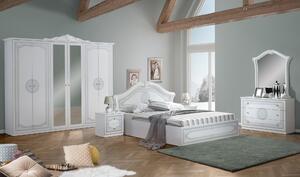 Dormitor Cleopatra, alb lucios, pat 160×200, comoda, dulap, noptiere