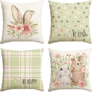 Set de 4 fete de perna decorative cu iepurasi roz si flori de Paste, 50x50 cm, dungi, buline, primăvară