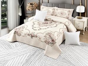 Cuvertura catifea matlasata, crem cu model floral, 5 piese, 230 x 250 cm