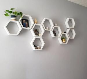 Set 9 rafturi de perete din lemn, in forma hexagonala, cu prindere ascunsa, Zig Zag, alb, 37,5 x 32,5 x 9,5 cm