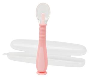 Lingurita bebe din silicon moale, cu maner flexibil, ventuza la baza si husa pentru depozitare Kidizi roz, 9 luni+, fara BPA