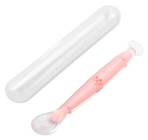Lingurita bebe din silicon moale, cu ventuza la baza si cutie pentru depozitare Kidizi roz, 6 luni+, ideal inceput diversificare, fara BPA