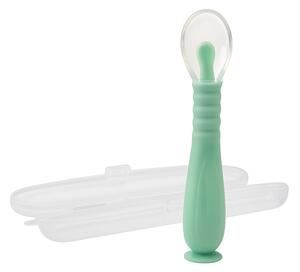 Lingurita bebe din silicon moale, cu maner flexibil, ventuza la baza si husa pentru depozitare Kidizi verde, 9 luni+