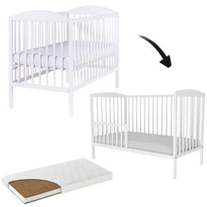 Patut din lemn masiv cu bariera 120x60 cm Kidizi Orella alb si saltea cocos LUX 120x60x12 cm, reglabil pe 3 nivele, certificat EN71