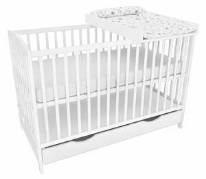 Patut din lemn masiv cu sertar si capac 120x60 cm Kidizi Orella alb, masuta infasat din lemn si salteluta incluse, reglabil pe 3 nivele, certificat EN71