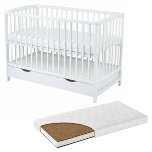 Patut din lemn masiv cu sertar si capac 120x60 cm Kidizi Orella alb si saltea cocos LUX 120x60x12 cm,reglabil pe 3 nivele, certificat EN71