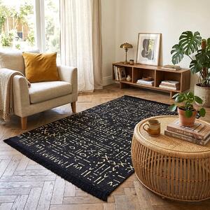 Covor Tesut Traditional, 2 fete, Model Tribal Etnic Negru-Bej, 60x120 cm